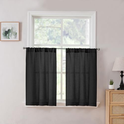 Tollpiz Linen Tier Curtains Rod Pocket Semi Sheer Short Kitchen Curtain Half Burlap Light Filtering Thick Linen Drape for Bathroom, 30 x 30 inches Long, Black, Set of 2 Panels - color: Black, size: 30"W x 30"L (Pack of 2)