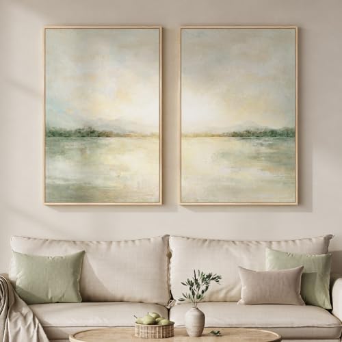 mxart Framed Sage Green Abstract Wall Art for Living Room, Large Set of 2 Abstract Landscape Canvas Artwork for Walls, Minimalist Painting Print for Bedroom Dining Room Office Hallway Wall Decor, 24x36 Inch - color: Green Neutral, size: 24" W x 36" H x 2P