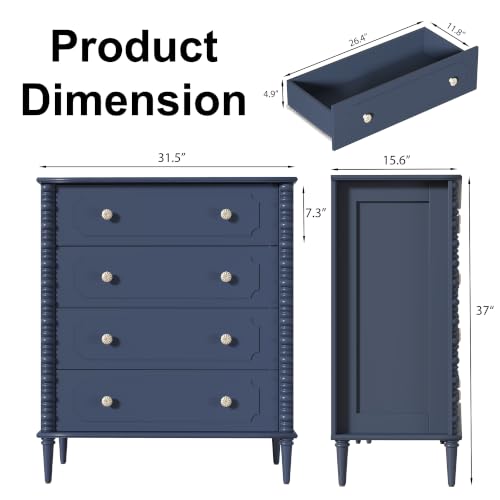 Blue Dresser for Bedroom with 4 Drawer, 37" Tall Chest of Drawers with Turned Legs and Ceramic Knobs,Vertical Dresser, Wood Drawer Storage Organizer for Bedroom, Living Room, Hallway - color: Blue, size: 15.5"D x 32"W x 37"H (4 Drawers)