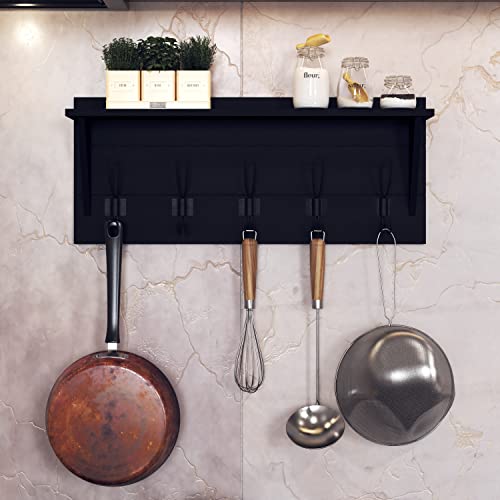 Wall Mounted Coat Rack Shelf, Rustic Wooden Country Style 24" Entryway Shelf with 5 Rustic Hooks featuring Solid Pine Wood. Perfect touch for your Entryway, Mudroom, Kitchen, Bathroom and More, Black - color: 3- Black