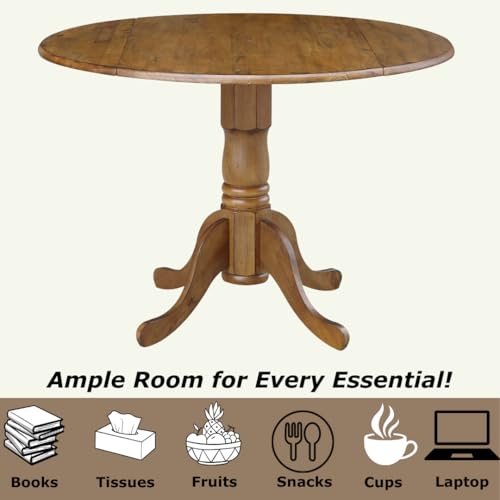 42" Round Dual Drop Leaf Pedestal Dining Table Solid Wood, Easy Assembly, Sturdy Parawood, Kitchen/Dining Room, 29.5"H x 42"W x 42"D, 20mm Thickness Top, Includes Two 9" Drop Leaves - color: Pecan