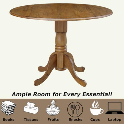 42" Round Dual Drop Leaf Pedestal Dining Table Solid Wood, Easy Assembly, Sturdy Parawood, Kitchen/Dining Room, 29.5"H x 42"W x 42"D, 20mm Thickness Top, Includes Two 9" Drop Leaves - color: Pecan