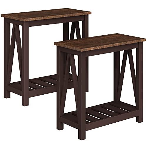ChooChoo Farmhouse End Table, Rustic Vintage Narrow End Side Table with Storage Shelf for Small Spaces, Nightstand Sofa Table for Living Room, Bedroom Espresso 2 Pack - color: Espresso, size: 2 Pack