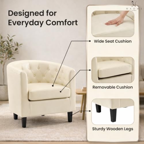 Naomi Home Emma Faux Leather Tufted Barrel Accent Chair - Cream | Solid wood frame, sturdy legs and easy-clean faux leather create lasting comfort for living room, bedroom or office. - color: Cream, style: Barrel