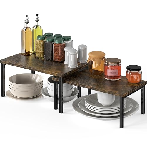 Simple Houseware Stackable Cabinet Counter Shelf Wooden Top, Rustic Brown | Expandable Organizer 7.6" D x 11.75" W x 6.1" H - color: Rustic Brown
