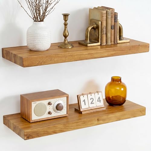 Dreamland Floating Shelves 24 Inch Long for Wall Decor, Rustic Solid Elm Wood Floating Shelf Wall Mounted, Wall Shelves Set of 2 Invisible Bracket for Living Room Bathroom Bedroom Kitchen, Natural - color: Natural, size: Flat Edge - 24"L