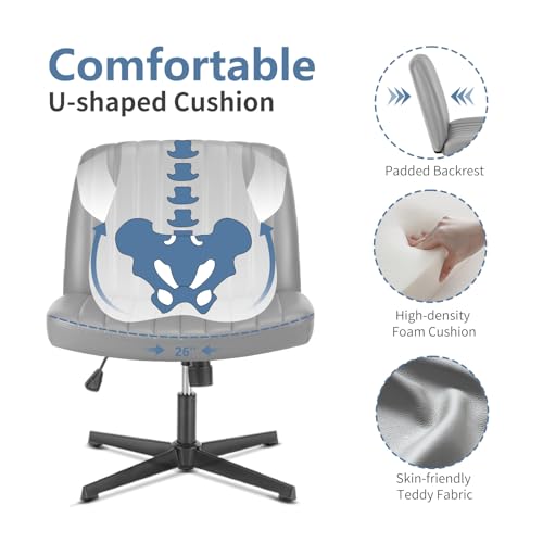 DUMOS Criss Cross Chair No Wheels, Wide Seat Cross Legged Office Desk Vanity Chair, Faux Leather Armless Height Adjustable Swivel Task Computer Chairs for Home, Study, Grey PU - color: Grey Pu