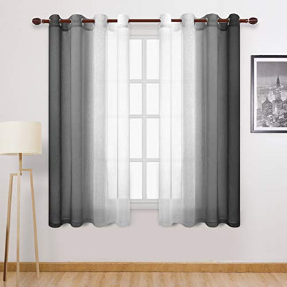 DWCN Black Faux Linen Ombre Sheer Curtains - Gradient Semi Voile Grommet Top Bedroom and Living Room Curtains, Set of 2 Window Curtain Panels, 52 x 72 Inch Length - color: Black, size: 52"W x 72"L (Pack of 2)