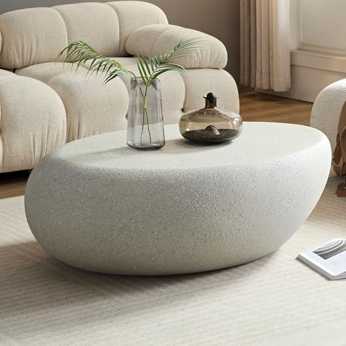 43.3" Oval Coffee Table with Grainy Rocks Pattern, Modern Irregular Travertine Faux Stone Center Table, Drum Fiberglass Coffee Table Accent Tea Table for Living Room, No Need Assembly - color: A-43.3" Rock Grey