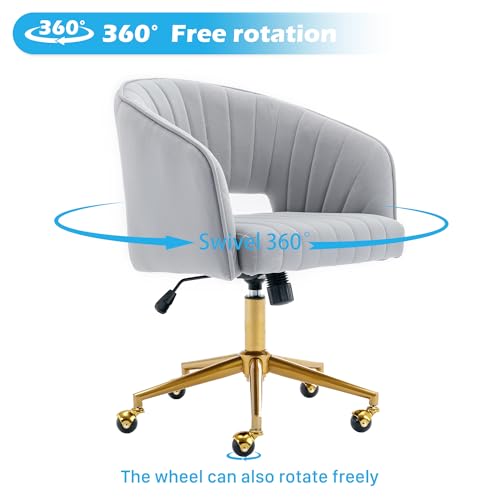Vanity Chair Velvet Desk Chair with Gold Base for Living Room,Gray | Accent Armchair Upholstered Modern Tufted Chairs for Girls Women Ergonomic Study Seat Computer Task Stools for Bedroom - color: Light Gray