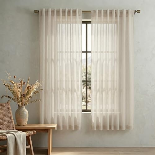 Tan Beige Linen Airy Curtains 63 Inches Long for Bedroom Livingroom Set 2 Panels Back Tab Rustic Home Decor Soft Light Filtering Window Drapes Earth Tone Curtain 63 Inch Length for Dining Room - color: Linen, size: 52"W x 63"L (Pack of 2)
