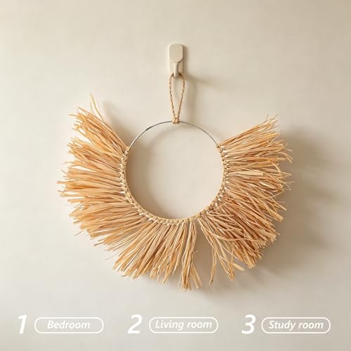 Boho Fan Seagrass Wall Hanging Decor, Rattan Wicker Basket Art, Chic Ornament for Bedroom, Living Room and Farmhouse Home 17.72x12.60x0.39in