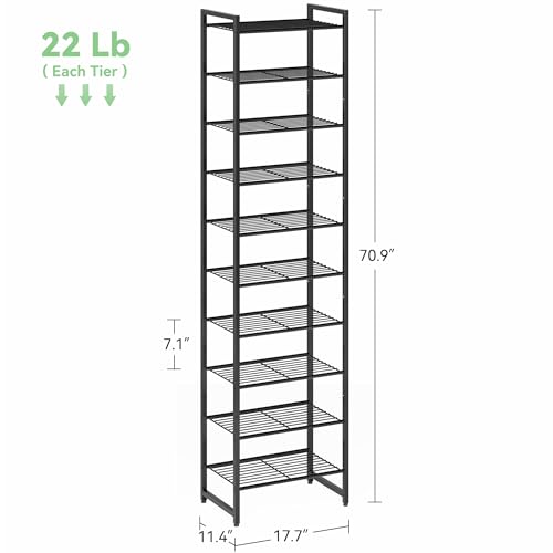 Nunsino Narrow Shoe Rack, 10-Tier Metal Shoe Organizer,Tall Shoe Shelf with Anti-Tip Strap, Max Holds 22 Pairs,Space Saving for Closet,Entryway,Black - color: Black, size: 10 Tier