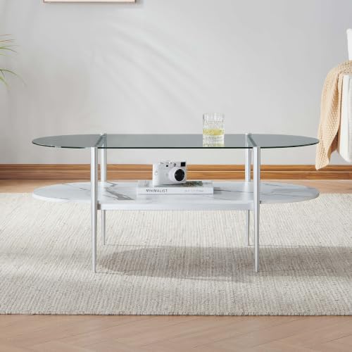 LumFurn Oval Glass Coffee Table, Mid-Century Modern Design for Living Room, L41xW21xH17inch, Clear Glass, White Marble Finish Wood & Silver Finish Frame - color: Oval L41" Silver & White Marble