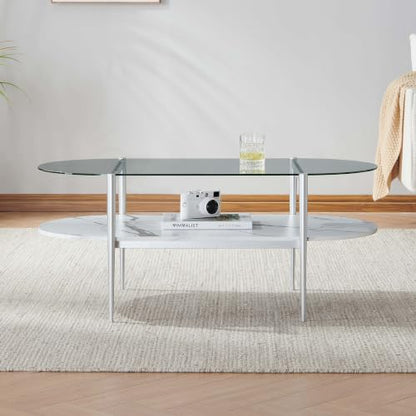 LumFurn Oval Glass Coffee Table, Mid-Century Modern Design for Living Room, L41xW21xH17inch, Clear Glass, White Marble Finish Wood & Silver Finish Frame - color: Oval L41" Silver & White Marble