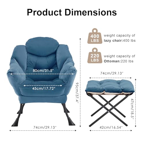 Lazy Chair with Ottoman, Modern Accent Lounge Chair with Side Pocket and Armrests, Cozy Reading Armchair with Footrest, Upholstered Sofa Chair for Small Spaces, Bedroom Living Room, Blue - color: Blue
