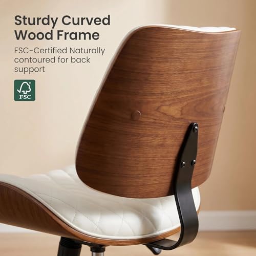 Furnimart Wooden Armless Desk Chair with Wheels, 360° Swivel Faux Leather Vanity Chair for Bedroom, Small Office Computer Task Chair for Home & Compact Spaces (PU White) - color: Pu-white