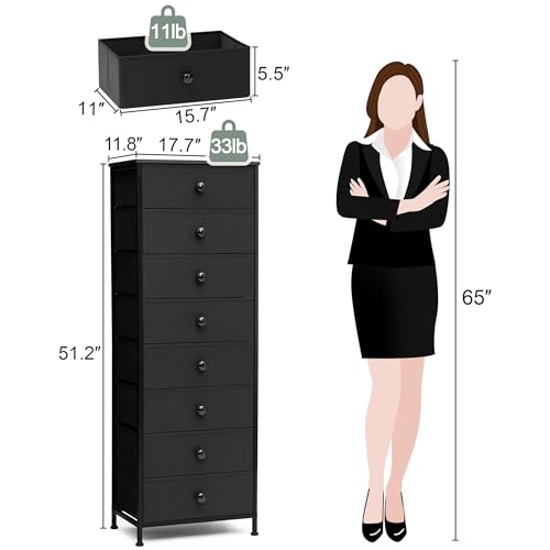 Fabric Dresser for Bedroom, 8 Drawer Tall Vertical Skinny Tower (Black) | Wooden Top, Steel Frame, Easy Pull Bin,Organizer Unit for Living Room, Hallway, Entryway, Nursery, Closets - color: Black, style: Narrow-8 Drawers