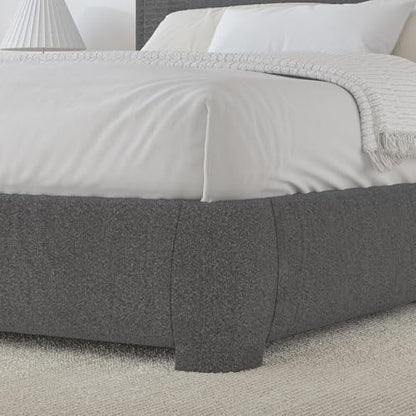 BarnFurin Queen Bed Frame, Cloud Boucle Headboard, Low Profile, Dark Grey | Soft boucle and rounded edges create a low-profile cloud look. Wooden slats support the mattress without a box spring - color: Dark Grey, size: Queen