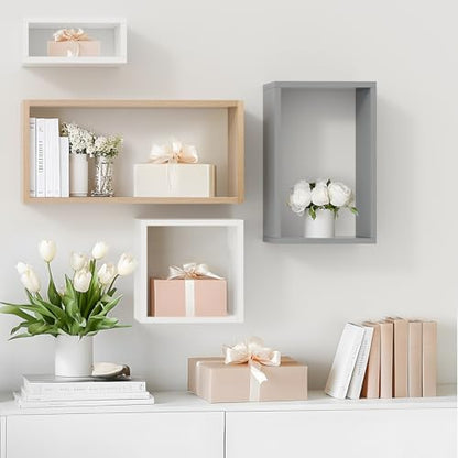 Wall Mount Shelf Set of 4, Floating Cube Shelves for Space Discovery Home and Commercial Use, Large Size Shelves Set, Oak - color: Oak, size: Set4