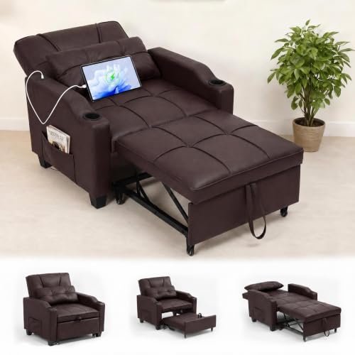 Sleeper Chair Pull Out Bed for Adults, 4 in 1 Convertible Sofa Chair Bed, Single Recliner Sofa with Vibration Massage Lumbar Pillow, USB & Type-C Ports, Cup Holders and Side Pocket, Retro Brown - color: Retro Brown