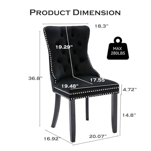 Velvet Upholstered Dining Chairs Set of 2, Modern Style Kitchen Side Chairs with Nailhead Trim and Wood Legs,Metal Pulling Ring for Dining Room Living Room(Black,Set of 2) - color: Black, size: Set of 2