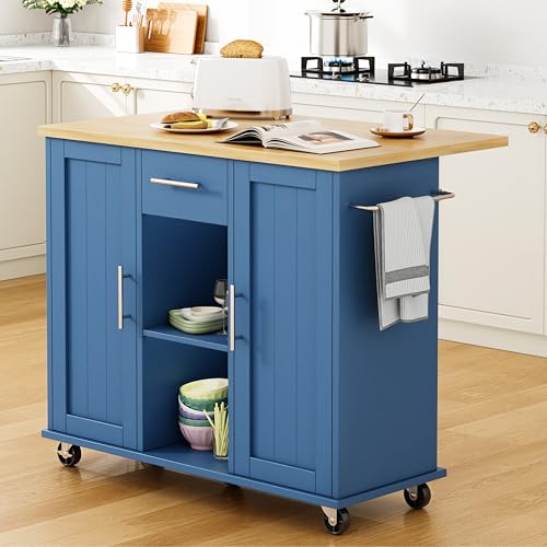 Shintenchi Kitchen Island with Storage, Bar Cart Cabinet Island Table on Wheels, Rolling Microwave Cart for Kitchen with Drop Leaf, Drawers, Towel Rack, Seating Area for Dining Room, Blue - color: Blue-42 Inch