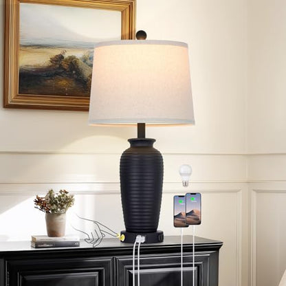 CINSARY 25" Retro Black Farmhouse Jar Table Lamps, 3 Way Touch Control Rustic Bedside Lamps with USB A+C Ports & AC Outlet, Pot Nightstand Lamps for Bedroom Living Room (LED Bulbs Included) - color: Retro Black-1Pack