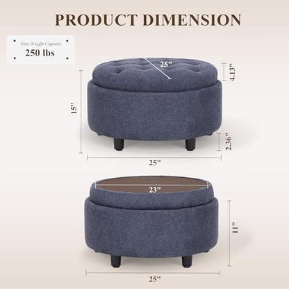 COLAMY Round Hidden Storage Ottoman with Reversible Tray Lid – Multi-Functional Footrest, Sturdy & Stylish Fabric Coffee Table for Living Room, Bedroom, or Entryway, Blue - color: Blue