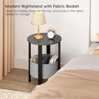 Small Round Side Table End Table, Tall Accent Table with Storage Basket, Set of 2 Half Round Table Half Moon Tables, Coffee Bedside Table Modern Nightstand for Living Room Bedroom Gray Walnut - color: Gray Walnut