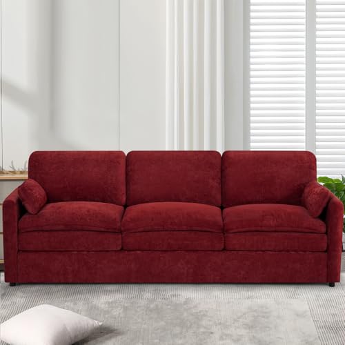 89" Chenille 3 Seats Sofa with 2 Pillows, Red | Modern Upholstered Sofa with Deeper Seats, Comfy Sofa with Thickened Cushions for Living Room, Apartment - color: Red, size: Sofa