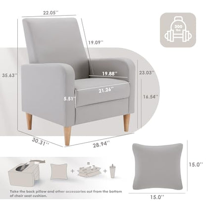 COLAMY Mid-Century Modern Accent Chairs Set of 2, Faux Leather Upholstered Living Room Chairs with Back Pillow & Solid Wood Legs, Comfy Armchair for Living Room, Bedroom, Single Sofa, Light Grey - color: Light Grey, size: Set of 2
