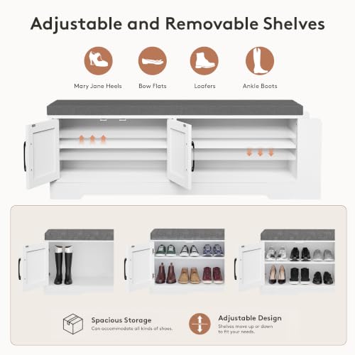Farmhouse Shoe Storage Bench with 3-in-1 Entryway Storage & Padded Seat | 47.3" Wide Entryway Bench with Adjustable Shelves, Shoe Organizer & Side Storage Rack for Living Room, Bedroom, White - size: 47.3" Wide