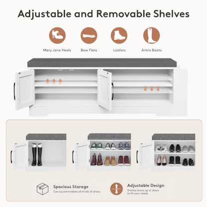 Farmhouse Shoe Storage Bench with 3-in-1 Entryway Storage & Padded Seat | 47.3" Wide Entryway Bench with Adjustable Shelves, Shoe Organizer & Side Storage Rack for Living Room, Bedroom, White - size: 47.3" Wide