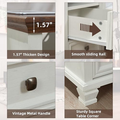 Farmhouse Side Table with Charging Station, White | Antique Nightstands for Bedroom with Drawers, Bedside Table with Open Shelf & Thickened Top & Square Wooden Legs - color: White, size: 18"D x 18"W x 25"H (2 Drawers)
