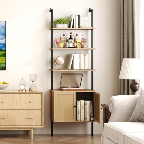 Yusong 73" Tall Bookshelf with Cabinet, Industrial Ladder Wall Mount Shelf Rattan Bookcase with Wood and Metal Frame, Plant Shelf Wall Storage Display for Living Room Bedroom,Light Ivory Brown - color: Light Brown