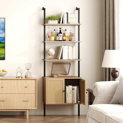 Yusong 73" Tall Bookshelf with Cabinet, Industrial Ladder Wall Mount Shelf Rattan Bookcase with Wood and Metal Frame, Plant Shelf Wall Storage Display for Living Room Bedroom,Light Ivory Brown - color: Light Brown