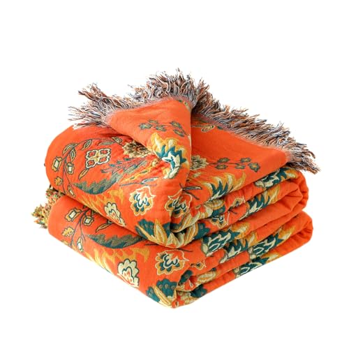 LUTBM Boho Throw Blanket for Bed 60"x80", 100% Cotton Orange Couch Blankets | Soft Reversible Floral Jacquard, All-Season, Twin Quilt for Chair Sofa Living Room, Lightweight & Breathable, Home Decor Gift - color: Boho-floral-b, size: 60"×80"