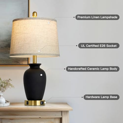 23" Set of 2 Black Ceramic Farmhouse Table Lamp with Ginger Jar Design, Bedside USB Lamps for Living Room,Dining Room,Bedroom,Office,Nightstand,End Table - color: Black