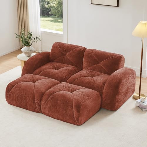 Red Loveseat Sectional Couches for Living Room, Velvet Fabric Boneless Couch, No Assembly Cloud Modular Sectional Sofa Love Seat with 2 Ottoman, Foam Couch Compressed Sofa Set, Sofas para Sala - color: Red, size: 2 Seater + 2 Ottoman