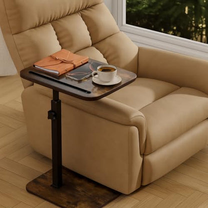 TV Tray Side Table for Couch | 360° Swivel, Adjustable Height Rotating, C Table End Table Laptop Desk, Phone & Tablet Slot - color: Rustic Brown