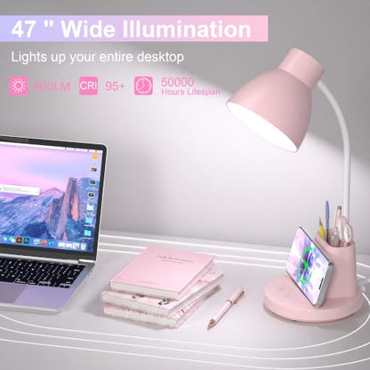 10W Wireless Charging LED Desk Lamp with Pen Holder, CRI 95, Pink | 800LM, 3 Modes, 360°Flexible Arm, Touch, Brightness, Table Lamp for Home Office, Dorm, Bedside, Study, Reading, with Adapter - color: Pink