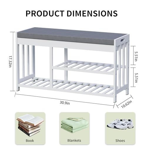 Shoe Rack Bench for Entryway, Bamboo Shoe Storage Bench with Cushion | Flip-Top Cushioned Seat with Hidden Storage | Mixed-Height Wooden Shoe Rack for Boots | Hallway, Bedroom & Front Door - color: White