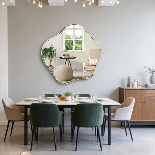 35" Scalloped Irregular Wall Mirror with Gold Metal Frame | Asymmetrical Design, Horizontal/Vertical Hanging, Wavy Round Art Deco Wall Mirror for Entryway Bedroom Bathroom Living Room - color: Gold, size: 35"L x 35"W