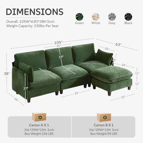 Ihanherry 105" Modular Sectional Sofa, L-Shaped Cloud Couch with Oversized Large Cushions & Movable Ottoman, Chenille Deep Seat Couch for Living Room, Green - color: Green, size: 105“ 4 Seat L Sofa