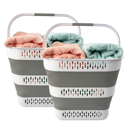 SAMMART 38L(10 Gal) Collapsible Laundry Basket - Foldable Pop-Up Storage Container/Organizer-Portable Space Saving Hamper, Measure 17.5x13.3x15.7"/3.8" Expanded/Collapsed (2, White/Grey) - color: White/Grey