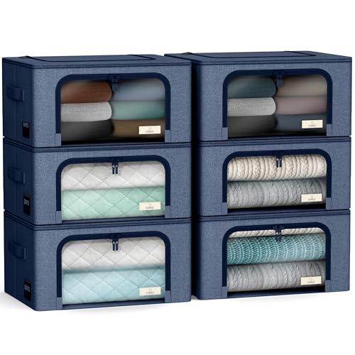 Sorbus Storage Bins with Metal Frame - Stackable & Foldable Clothes Organizer Bags - Oxford Fabric Storage Containers with Large Clear Window & Carry Handles, Bedroom Organization for Bedding & Linen - color: Blue, size: 6 Pack