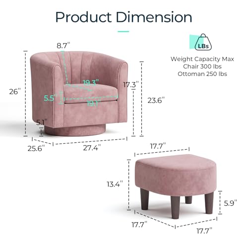 LINSY Swivel Accent Chair Ottoman Set: Velvet Small Barrel Chair with Foot Rest, Modern Reading Chair Upholstered Armchair with Footrest for Living Room Bedroom Study Room Office (Pink) - color: Pink, size: Small