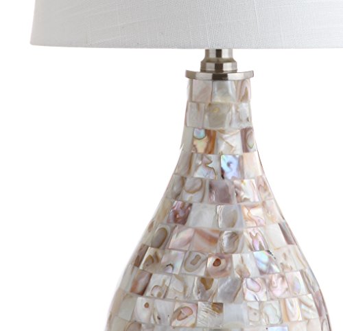 JONATHAN Y Mona Coastal Mini LED Table Lamp 20.5" Bedside, Seashell | White Linen Drum Shade, Mother Of Pearl Resin Body, On-Off Rotary Switch, LED Bulb Included - color: Seashell