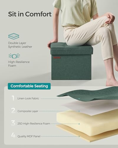 SONGMICS Mazie Collection - Small Folding Storage Ottoman, Foot Rest Stool, 12.2 x 16.1 x 12.2 Inches, 286 lb Load Capacity, for Living Room, Bedroom, Home Office, Dorm, Retro Green ULSF102C01 | Foot Rest Stool, 286.6 lb Load Capacity, Forest Green, MINOT
